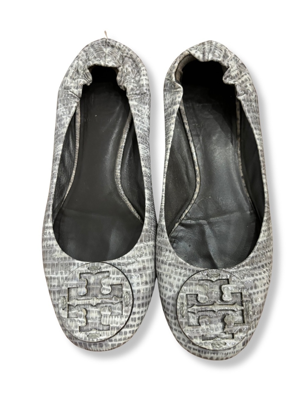 Tory Burch Reva Ballet Flats Gray Snakeskin Print Leather Flats